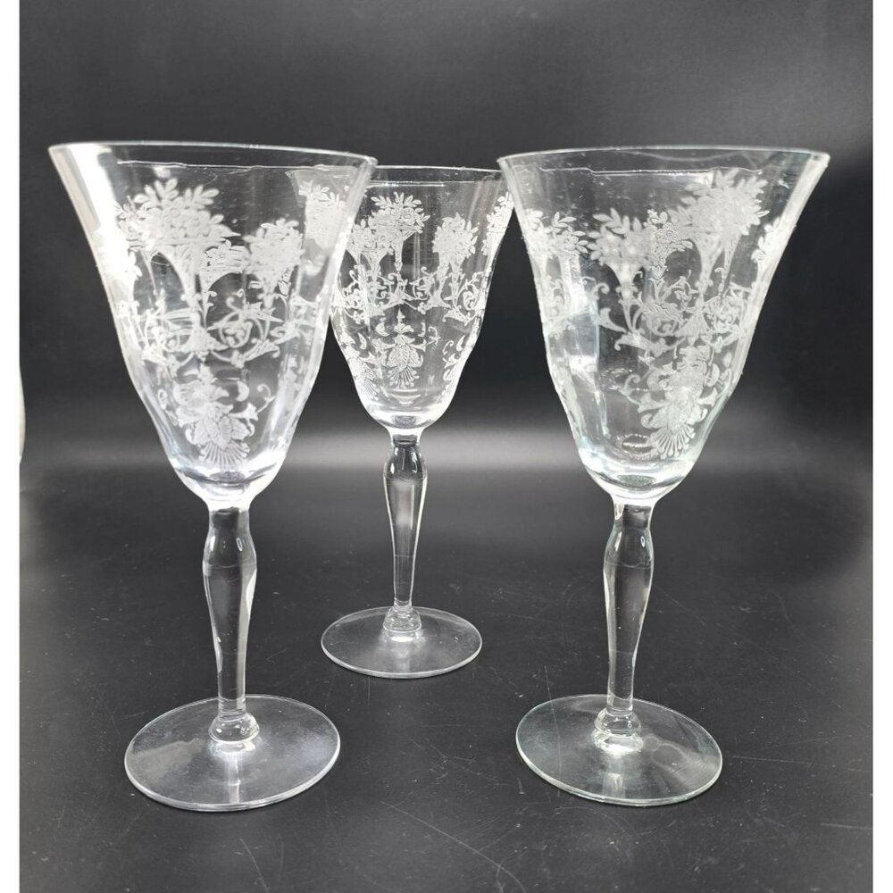 Vintage Morgantown Mayfair Etched Crystal Wine Glasses Set Of 3 Floral JJ3953